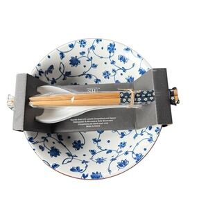 SH Home Blue‎ Ditzy Floral Ceramic Ramen Noodle Bowl 32oz Chopsticks And Spoons